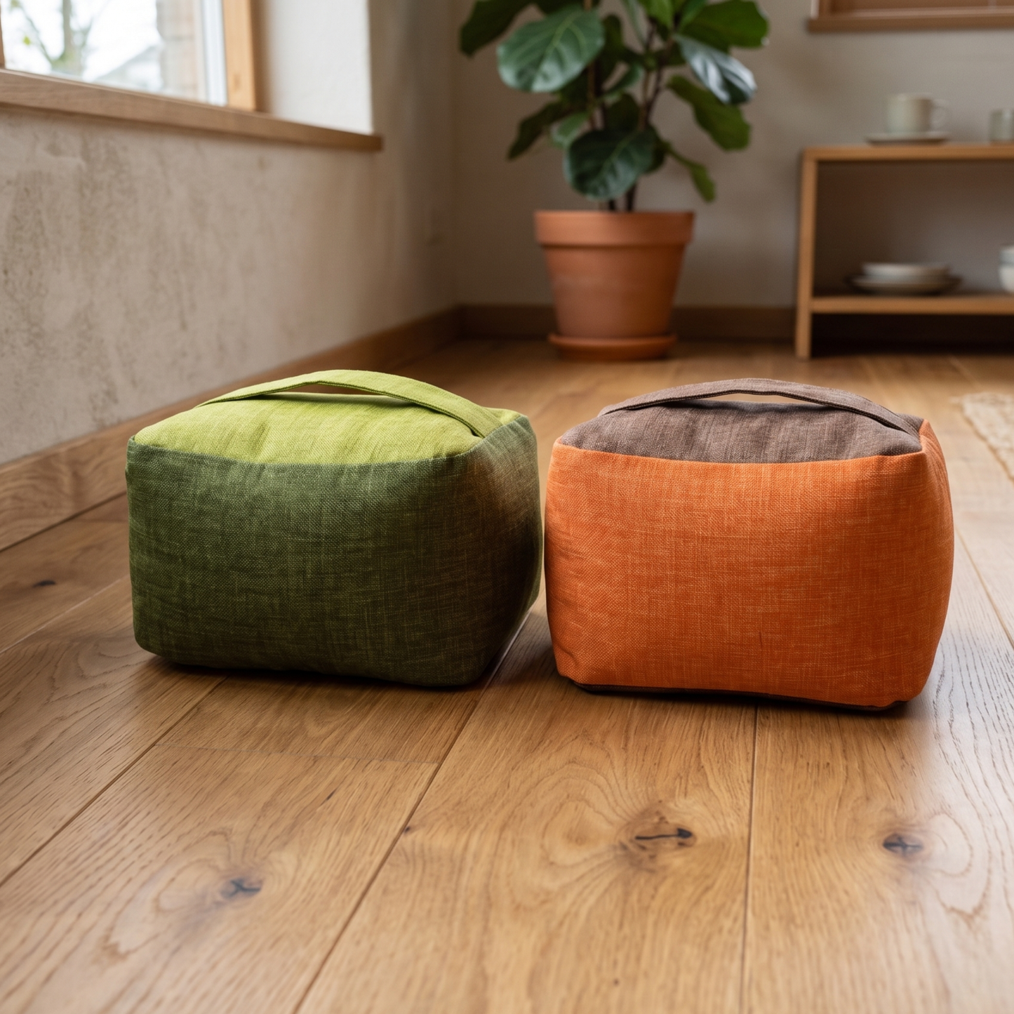 Fabric (left to right): Okinagoke (Body)+Moegi (Handle), Sharegaki (Body)+Kikaracha (Handle)