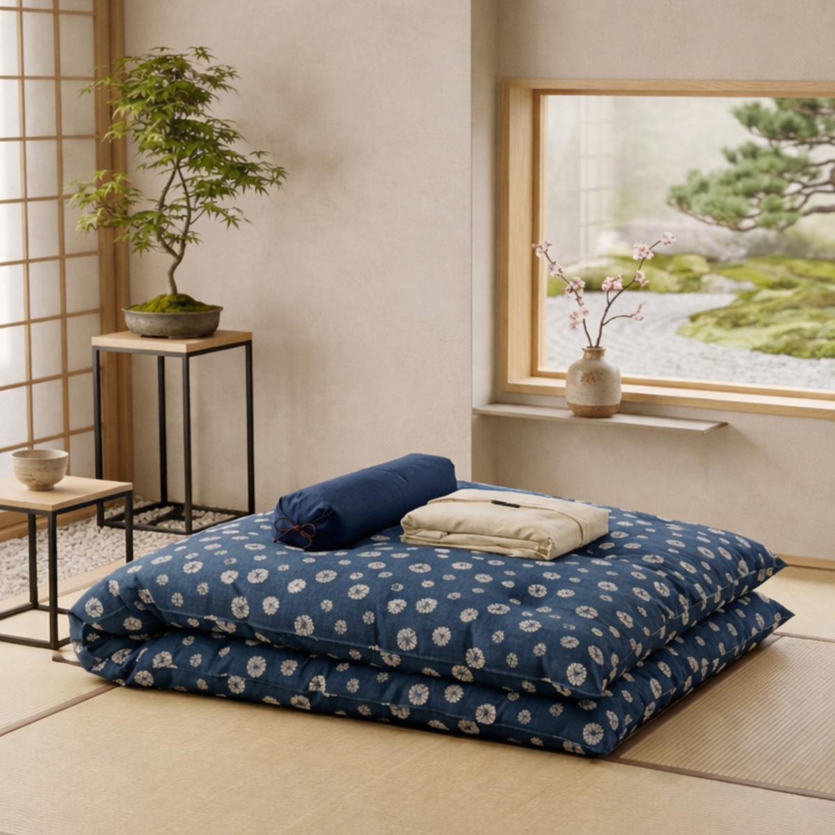Fabric: Shibori Blue (Futon), Torinoko (Cover), Kachiiro (Pillow)